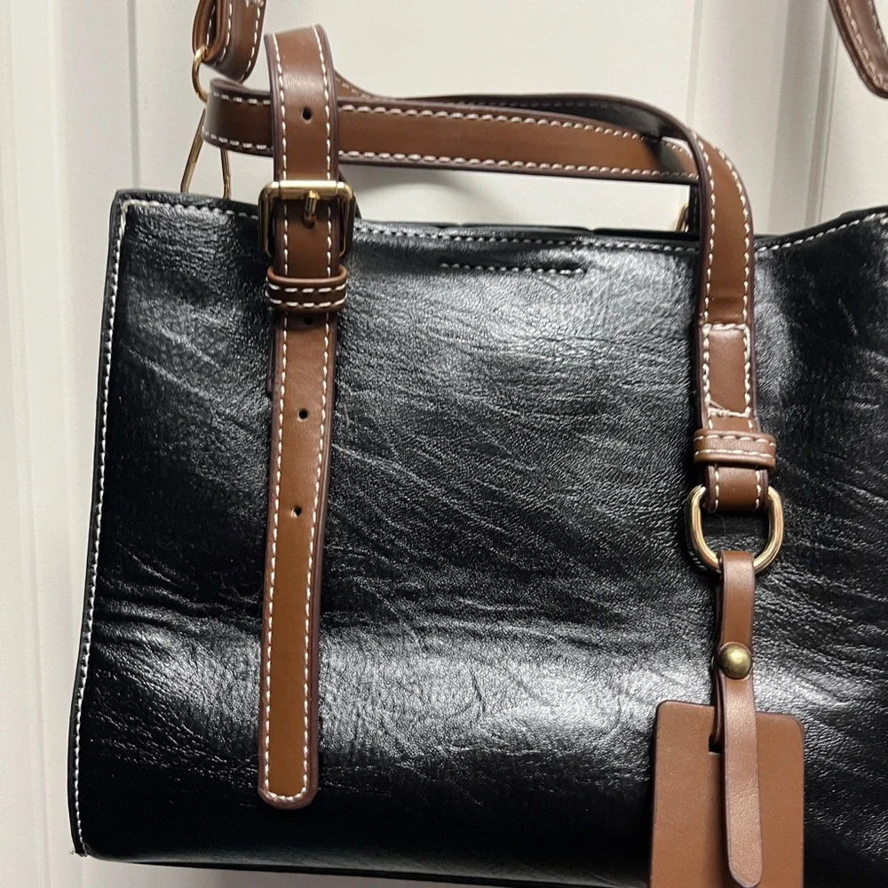 Faux Leather Two-Tone Crossbody Tote Bag. Black brown - Picture 3 of 12